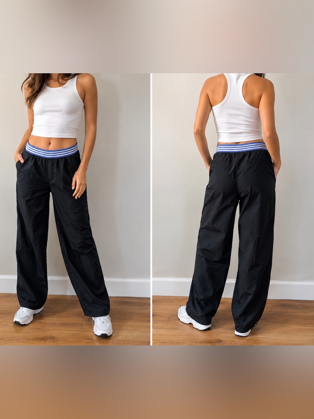 Free People FP Movement Black Track Pants – Blue Stripe Waistband